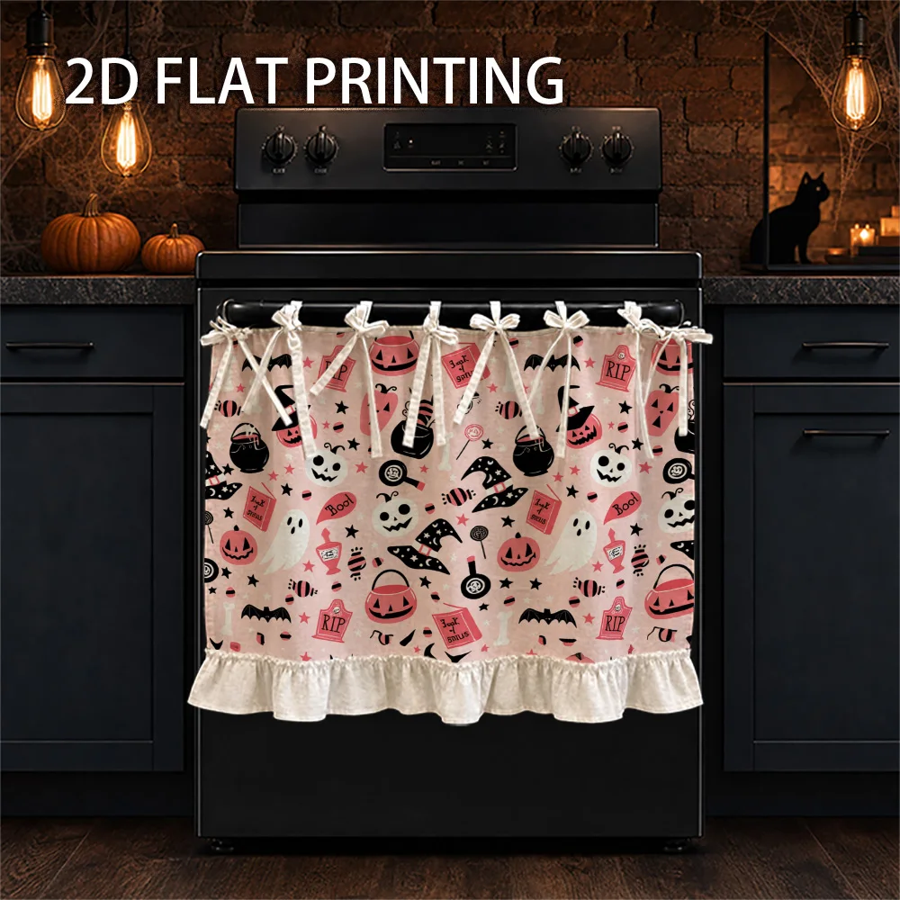 1PC kitchen stove curtain, cabinet curtain, apron. Featuring a 2D graphic design featuring a Halloween print featuring a pink pu