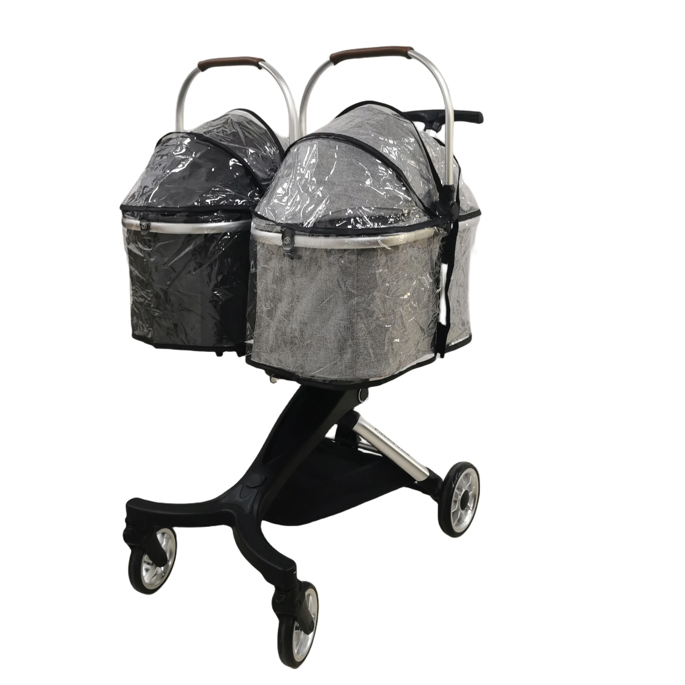 

Double Pet Stroller with Waterproof Rain Cover Luxury Folding Aviation Aluminum Detachable Double Pet Trolley for Twin Dogs.