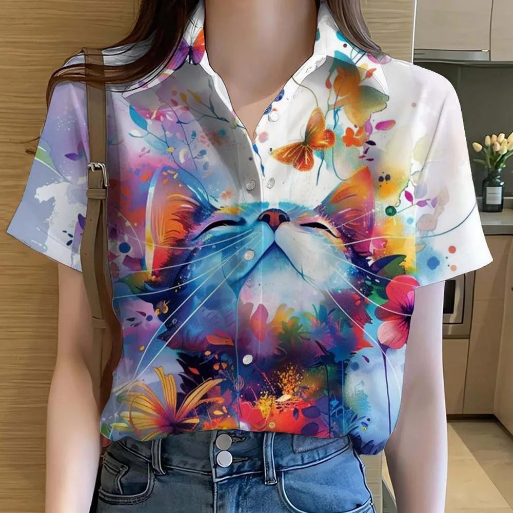 Womens Shirts Cute Cat Printed Casual Hawaiian Short Sleeve Button Beach Artistic Shirt Summer New  Blouse Women's Clothes