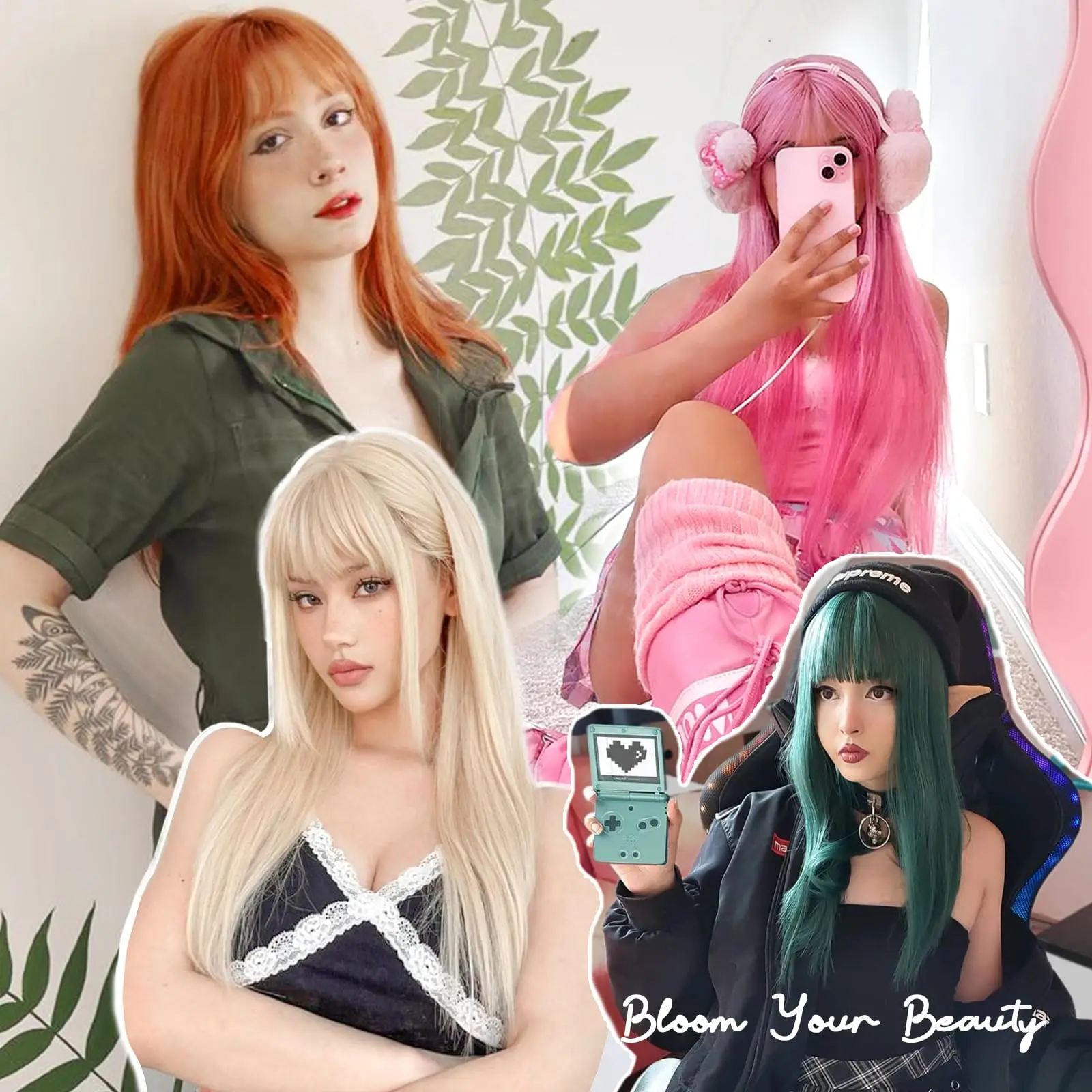 Perruque synthétique rose clair avec cheveux longs et raides, perruque de cosplay pour fête d'Halloween, ensemble de perruques accessoires pour cheveux quotidiens à haute température