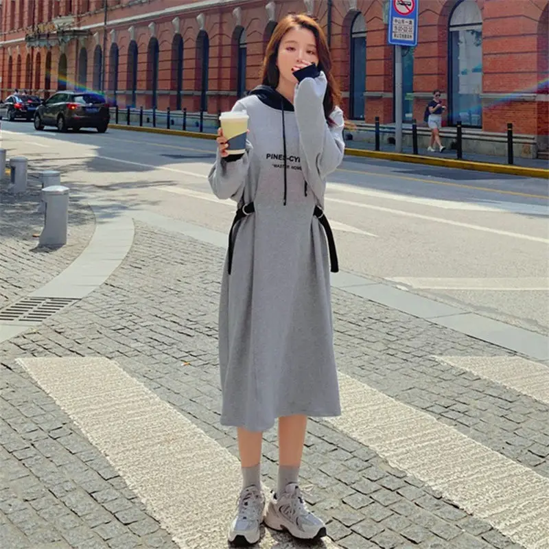 Spring Autumn New Contrast Hooded Casual Dresses Long Sleeve Letter Printing Lacing Dress Vintage Fashion Women Clothing