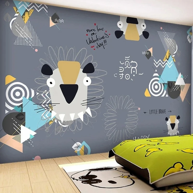 Custom Cartoon Pattern Wallpaper For Kids Bedroom Personality Little Lion Geometric Wall Murals Children Birthday Party Decor 3D