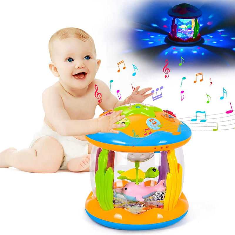 Baby 4 in 1 Tummy Time Crawling Toy Early Learning Sea Animals Sensory Toy Light Up Musical Projector for Infant Toddler Gifts