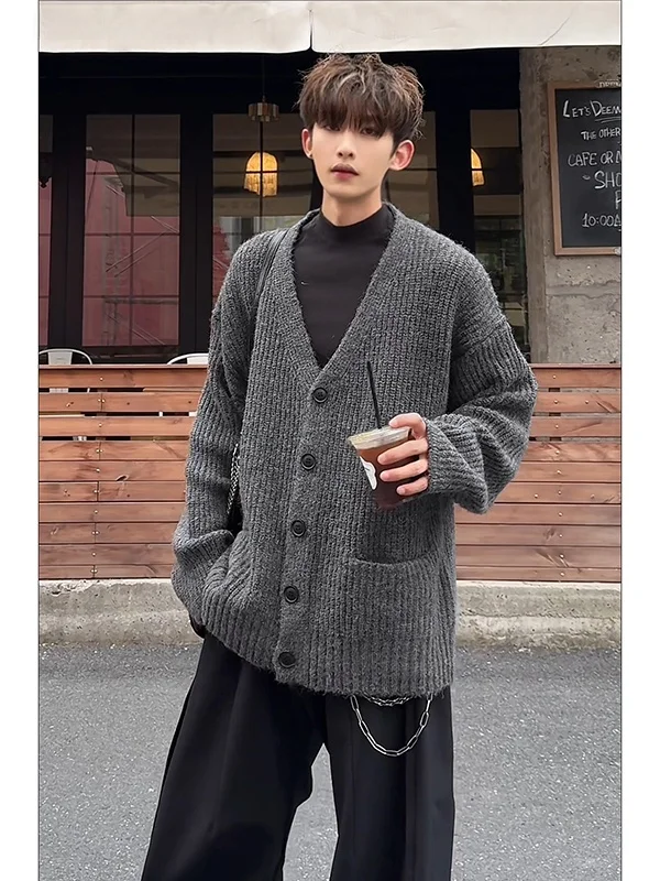 

Deep Grey V-Neck Open Cardigan Sweater Men's Autumn Winter Korean Style Lazy Loose Knittedwear Cleanfit Knitwear Jacket