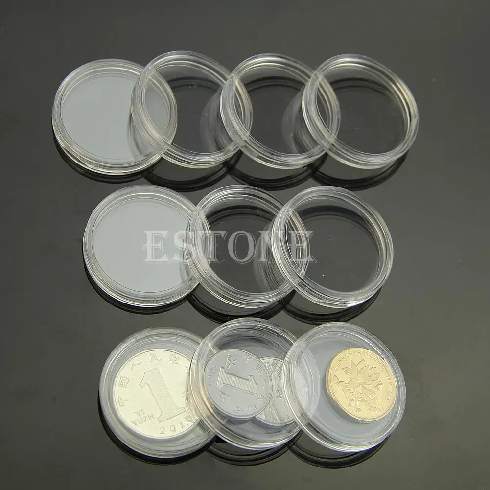 T21C Hot 10pcs 28mm Clear Round Cases Coin Storage Capsules Holder Round Plastic