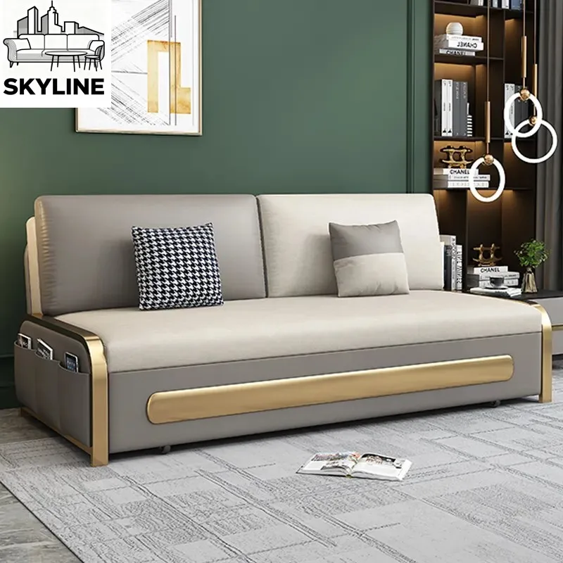 Light Luxury Foldable Tech Cloth Sofa Bed, Solid Wood Storage Couch for Small Apartments