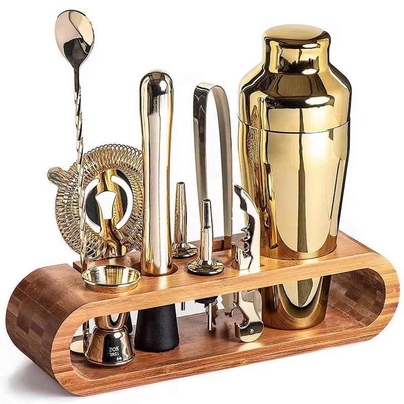 10pcs Cocktail Shaker Set With Bamboo Stand Cocktail Mix Drink Making Kit Professional Bar Home Drink Bar Tools For Bartender