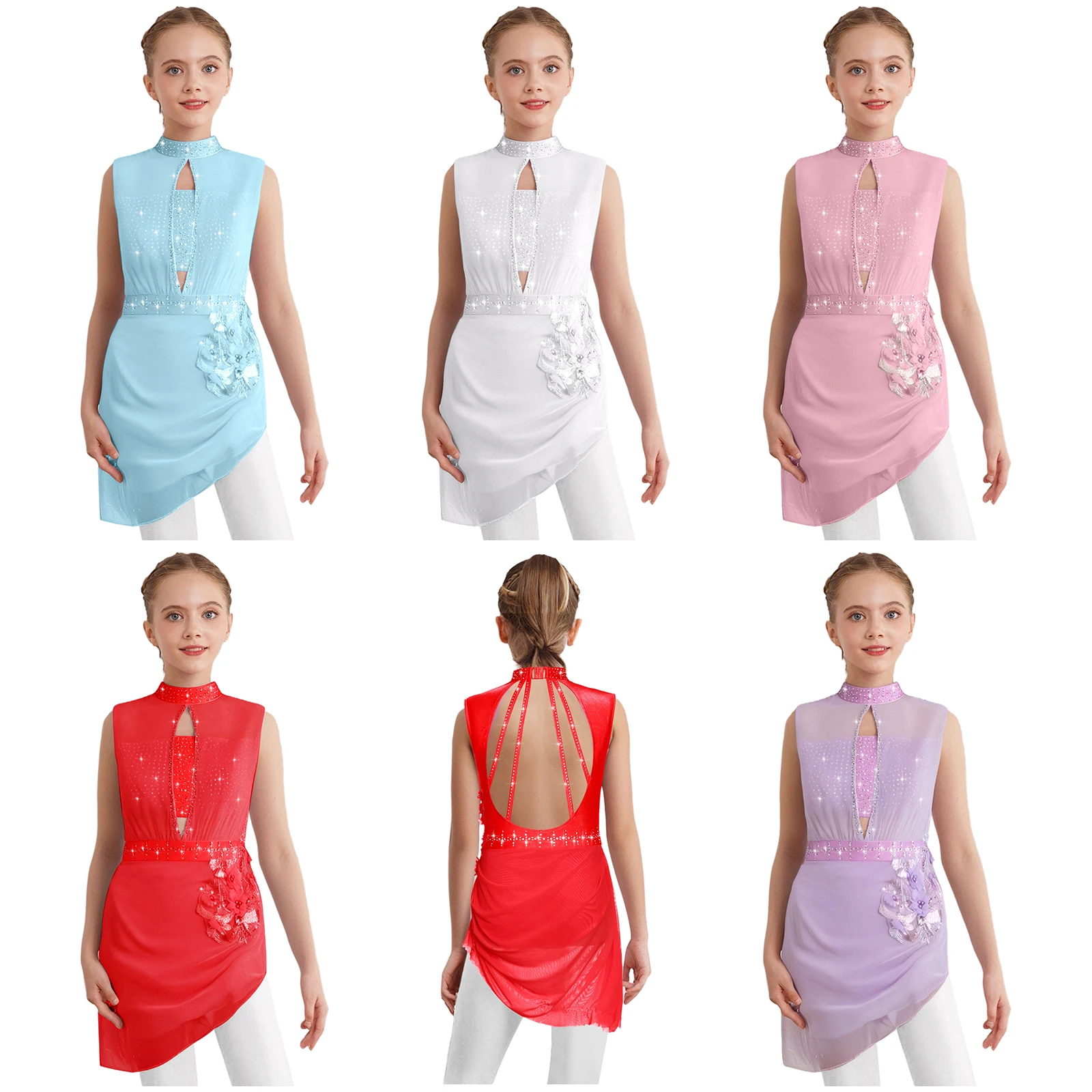 

Girls Applique Ballet Figure Skating Dress Rhinestone Gymnastics Leotard Dress Floral Mesh Splice Competition Dance Costume