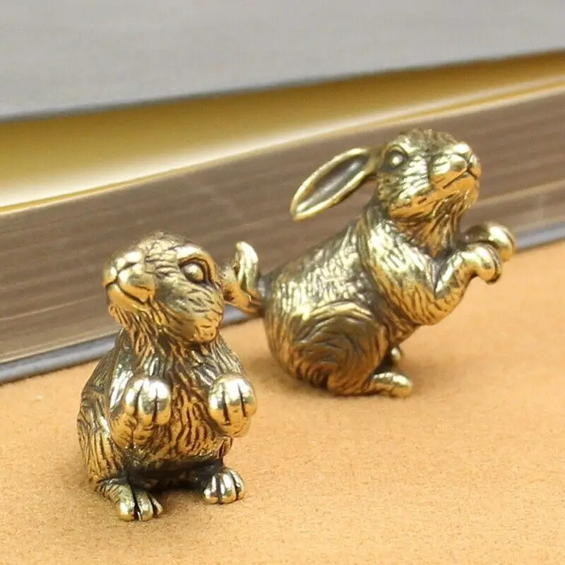 Vintage Solid Brass Rabbit Figurine Chinese Zodiac Animal Statue Desktop Home Decor Collectible Ornament 2Pcs