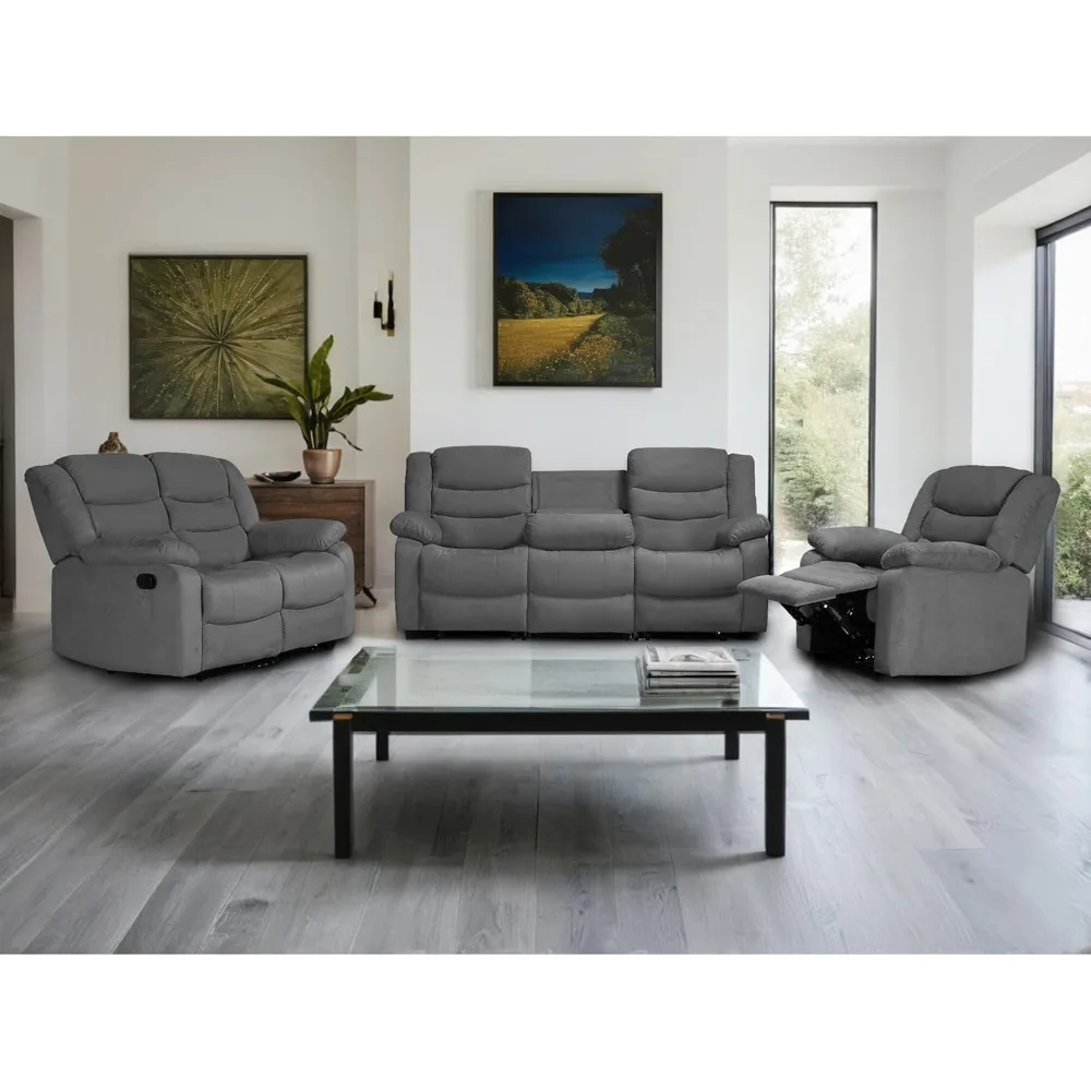 

Recliner Sofa Set, Microfiber Manual Reclining Couch Set, Dropdown Table& Cup Holders, Living Room/Office/Theater Seating