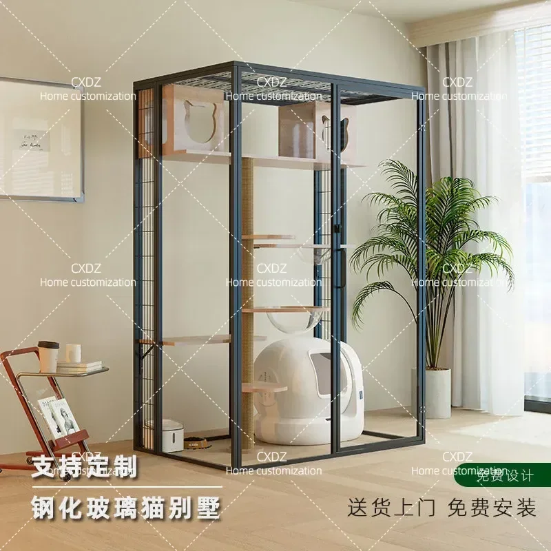 Large Indoor Cat Villa with Panoramic Glass Spacious Multi Level Cage Cabinet for Home Balcony Pet House