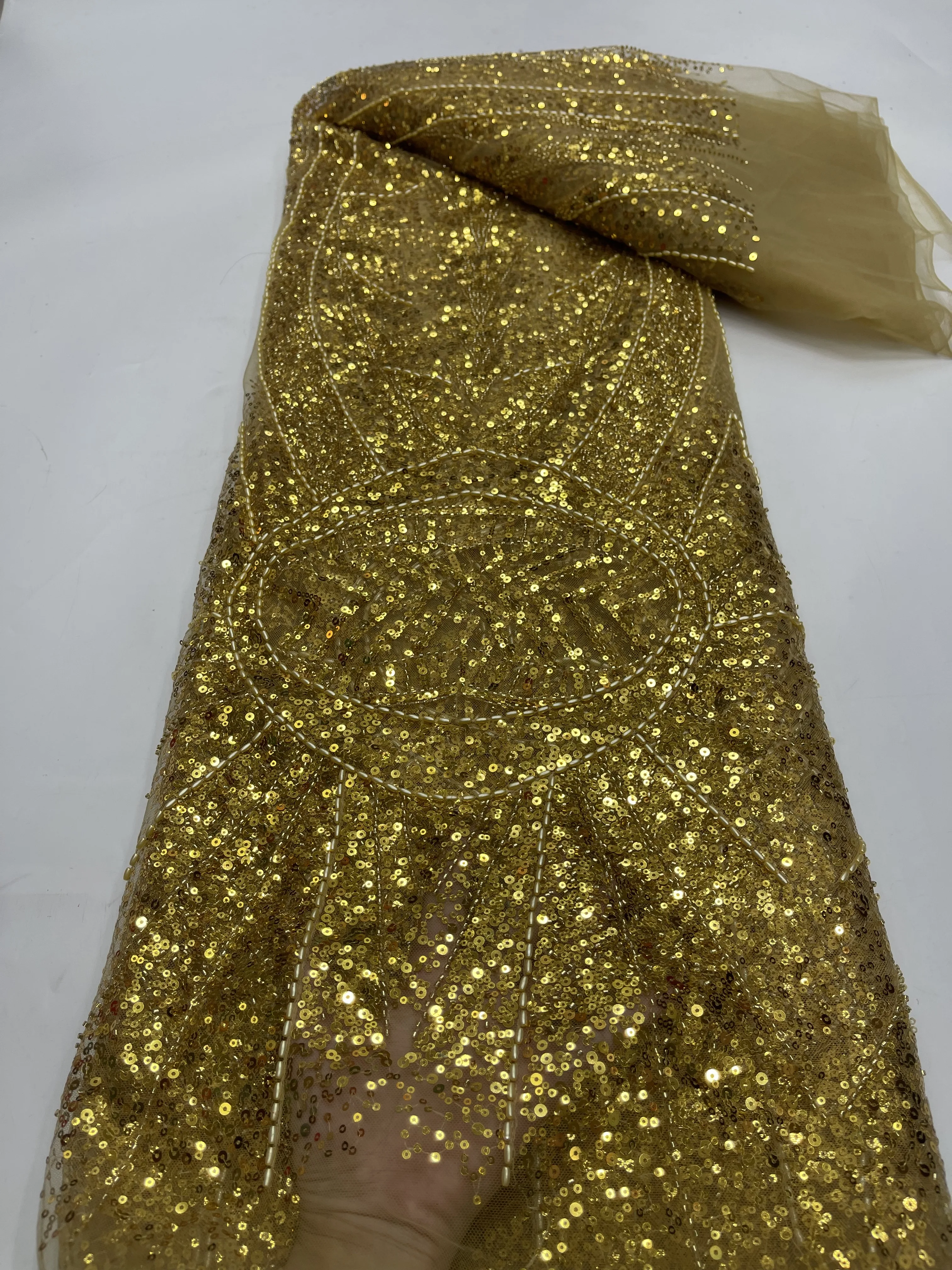 

Luxury Sequins Lace Fabrics Latest Beaded Embroidery French Tulle Mesh Lace Fabric Material for Dress Wedding JY47HN