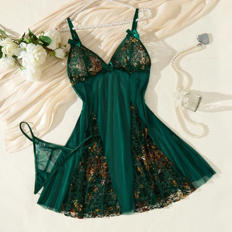 Women's Pajamas Dark Green Mesh Night Clothes Lace Splicing Bow Nightgown V-Neck Spaghetti Strap Sleeveless Mini Night Dress