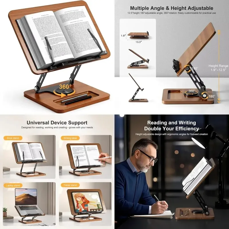 360 ° rotatable hands-free bookshelf, adjustable height and angle, page holder can hold cookbooks, recipes, magazines,