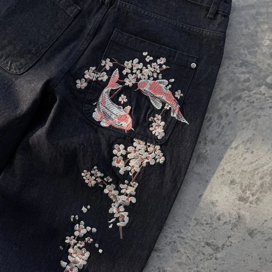 Spodnie Y2K Baggy Jeans Oversize z haftem kwiatów wiśni Harajuku Vintage z szerokimi nogawkami Gothic Męskie Damskie Hip Hop Proste nogawki