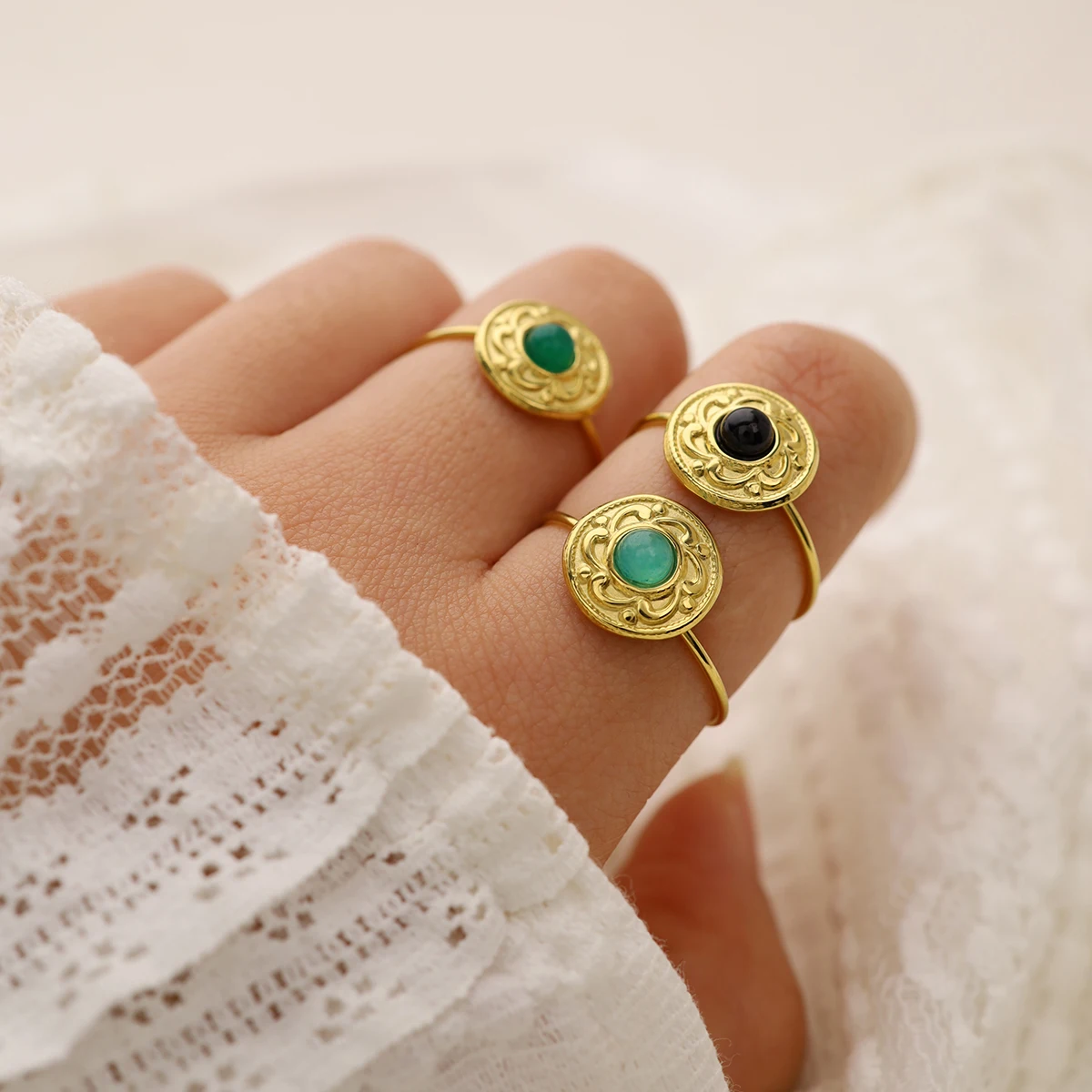 

WILD & FREE Vintage Natural Stone Stainless Steel Rings for Women Chic Exquisite PVD 18K Gold Plated Jewelry