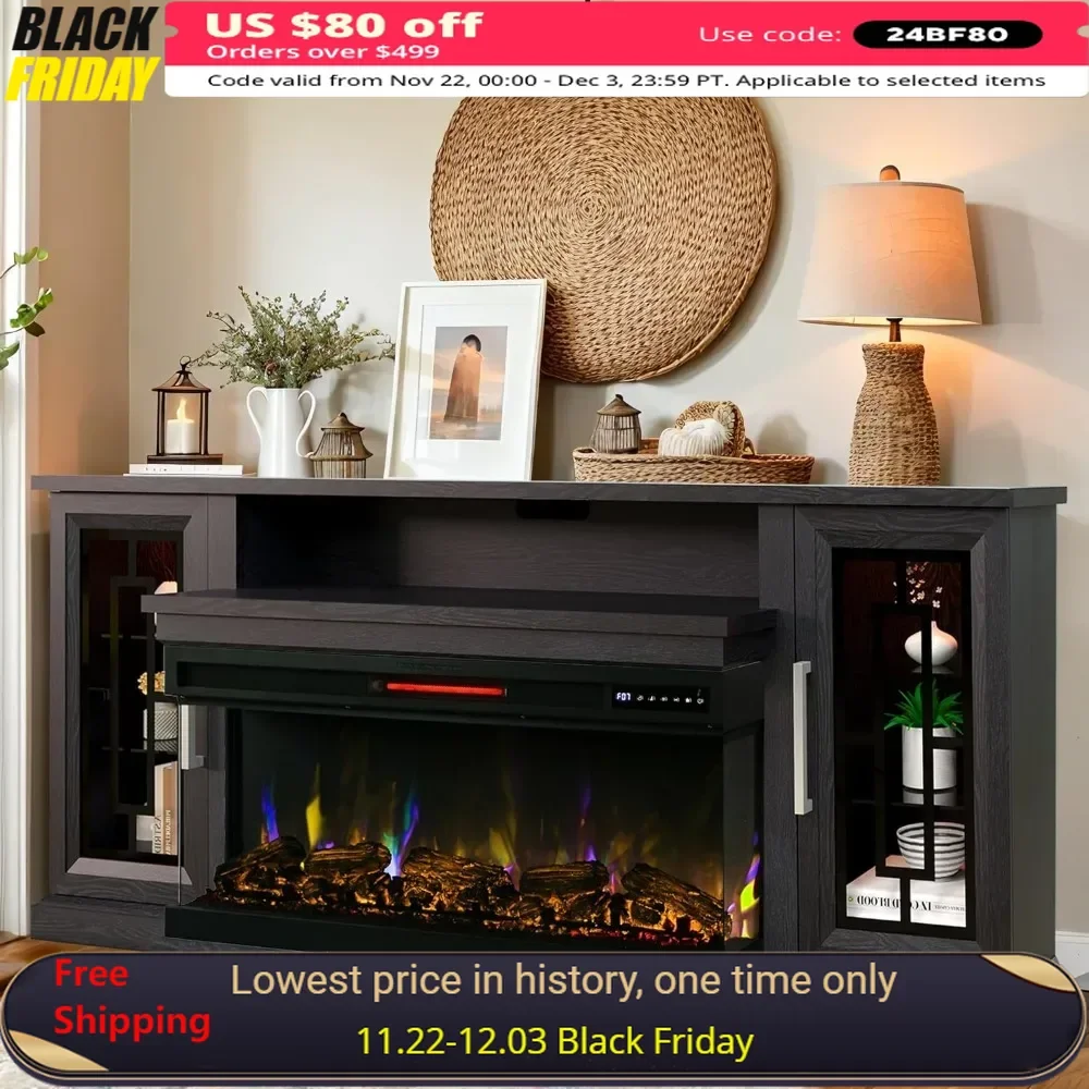 

75 Inch Electric Fireplace TV Stand for TVs Up To 80/85 Inch, Adjustable Flame, 40’’ Fireplace, 3-Side Glass LED Modern TV Stand