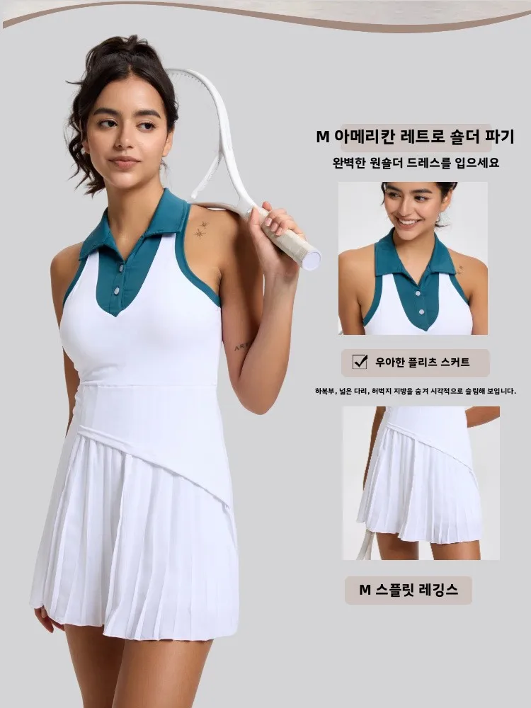 

Women's Spor V-Ne Golf Dr Qui Dry Pleated Skirt Tennis Outfit White Flip Collar Open Button American Sle oulder ...