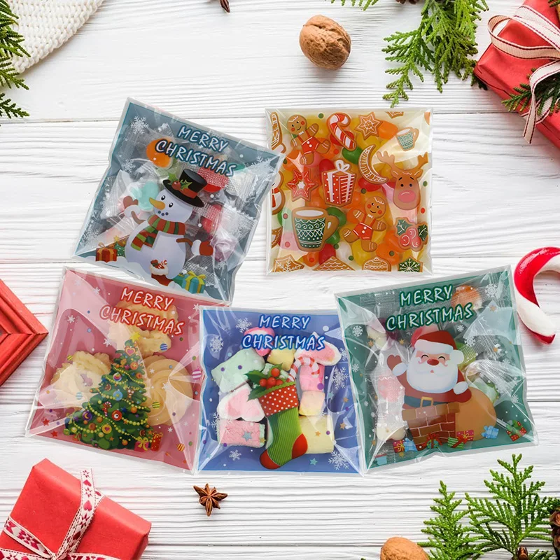 50/100pc Christmas Candy Bag Self Adhesive Cookies Packaging Bag Merry Xmas Party Gift Snack Baking Plastic Bag New Year Navidad