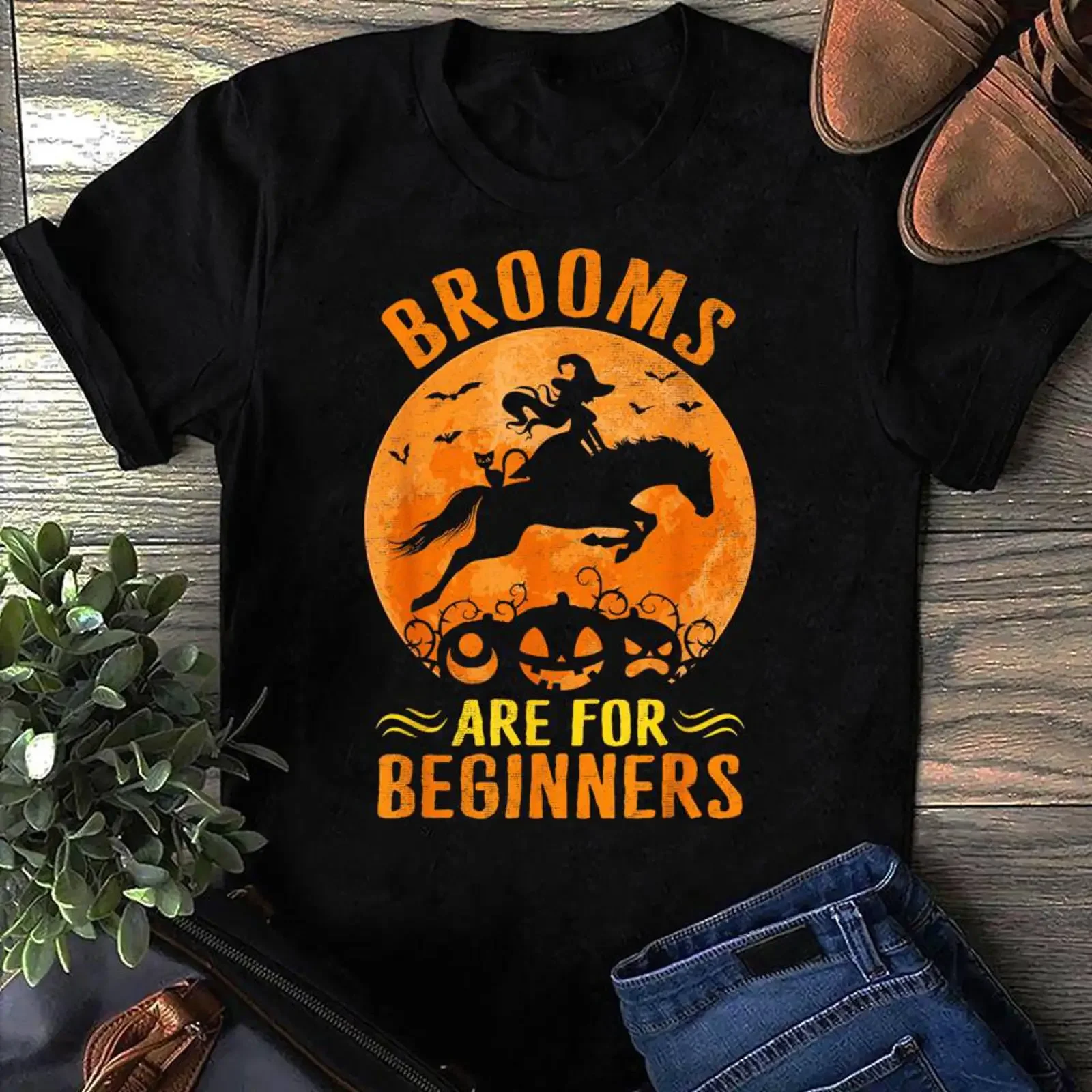 Brooms Are For Beginners Halloween Equestrian Witch T Shirt Funny Horse Lover Owner vintage Washed homme Comfortable streetwear