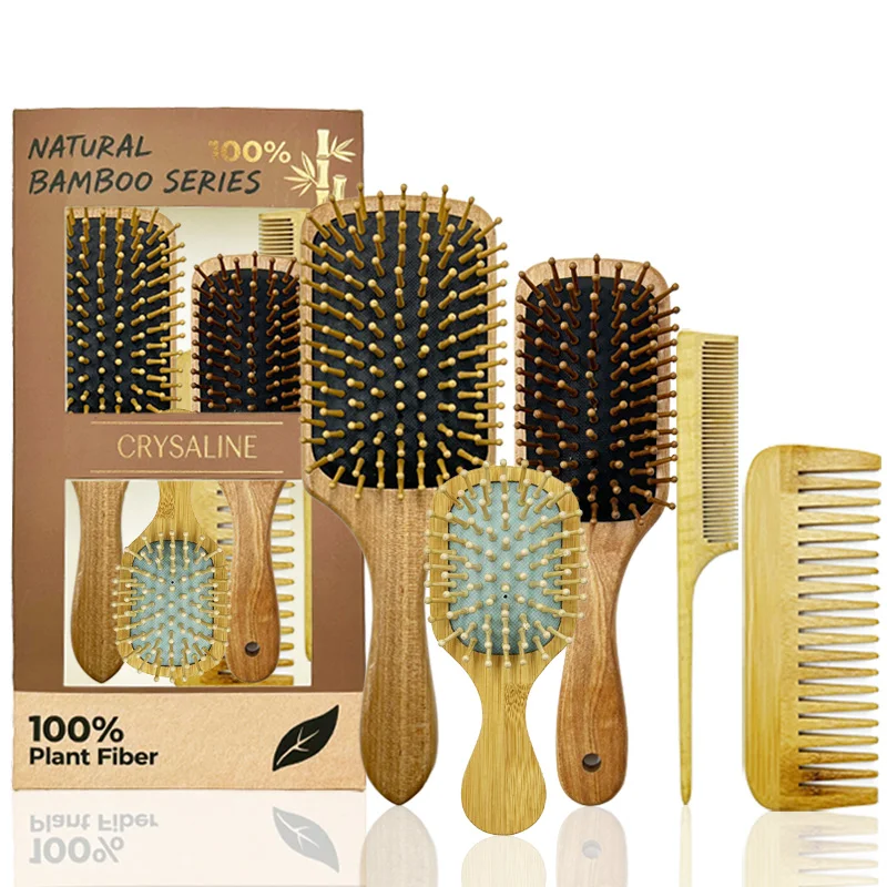 

Natural Bamboo Wooden Teeth Paddle Brush 5PCS Set