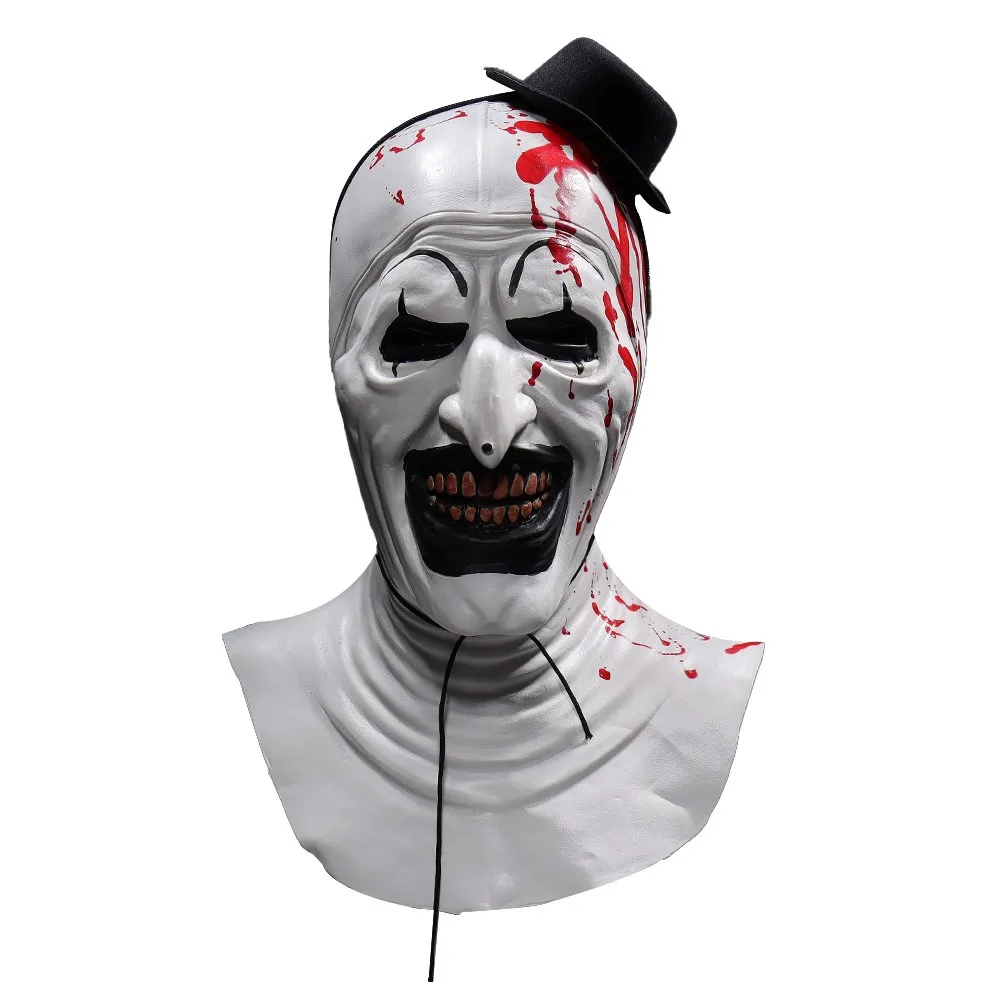 

Bloody Terrifier Art The Clown Mask Cosplay Creepy Horror Demon Evil Joker Hat Latex Helmet Halloween Party Costume Props Gifts