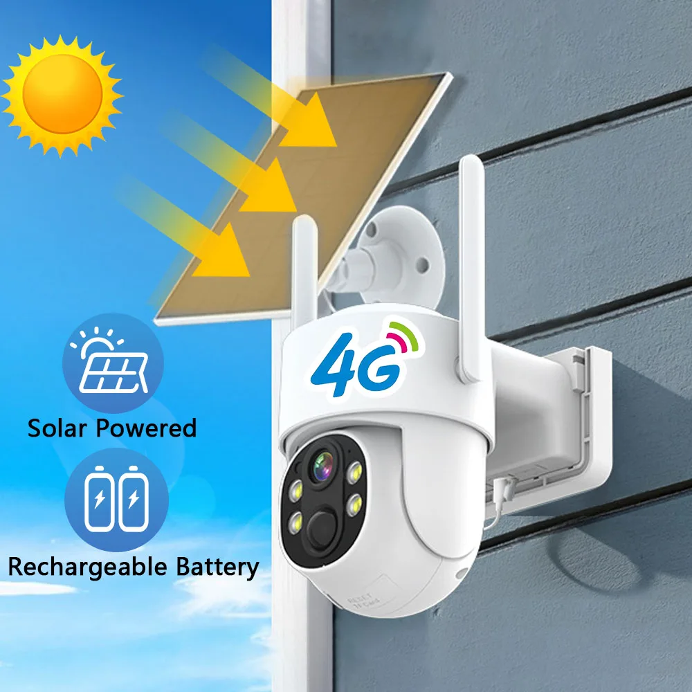 4G SIM 4MP Outdoor Waterproof IP Camera Panel Solar 2K IP Camera with Rechargeable Battery PTZ Home Security Video Surveillance