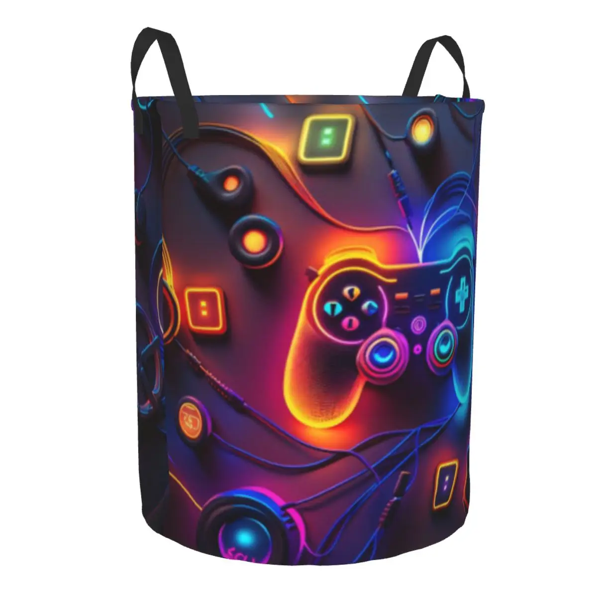 Folding Laundry Basket Abstract Gamepad With Headphones Round Storage Bin Collapsible Hamper Clothes Bucket Organizer