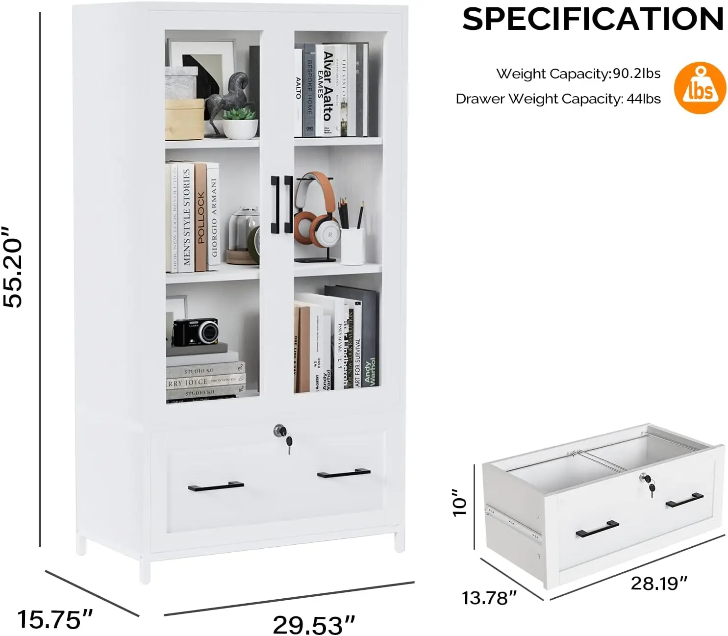 Seitlicher Akten schrank mit Glastüren und abschließbarer Schublade zum Aufhängen von Aktenordnern, Bücherregal mit verstellbaren Regalen für das Home Office