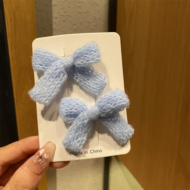 Autumn Winter Cute Knitted Wool Bow Hairpin Sweet Girl Heart Hair Accessories Colored Plush Hairpin Edge Clip Bridesmaid Gift
