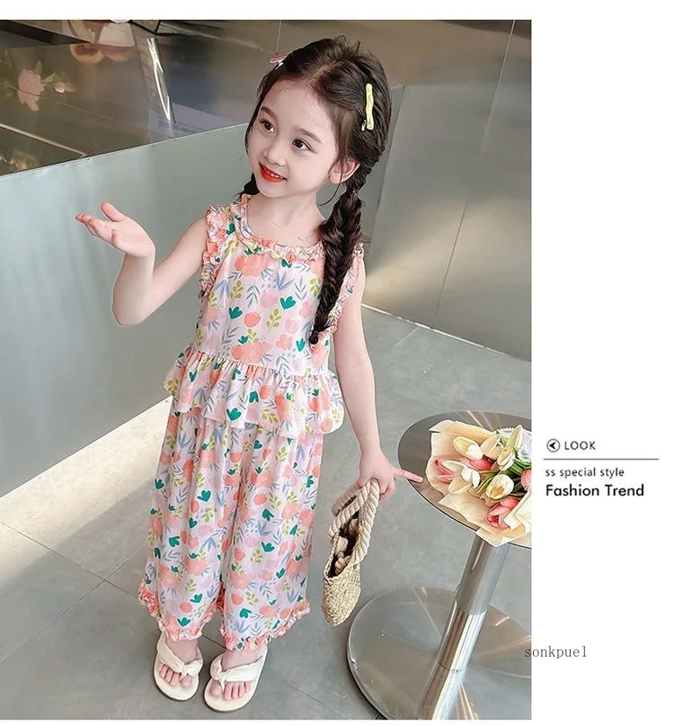 Baby Girls Set New Summer Suit Floral Vest +pant Two-piece Kids Tops Cropped Pants Girl Clothes suit