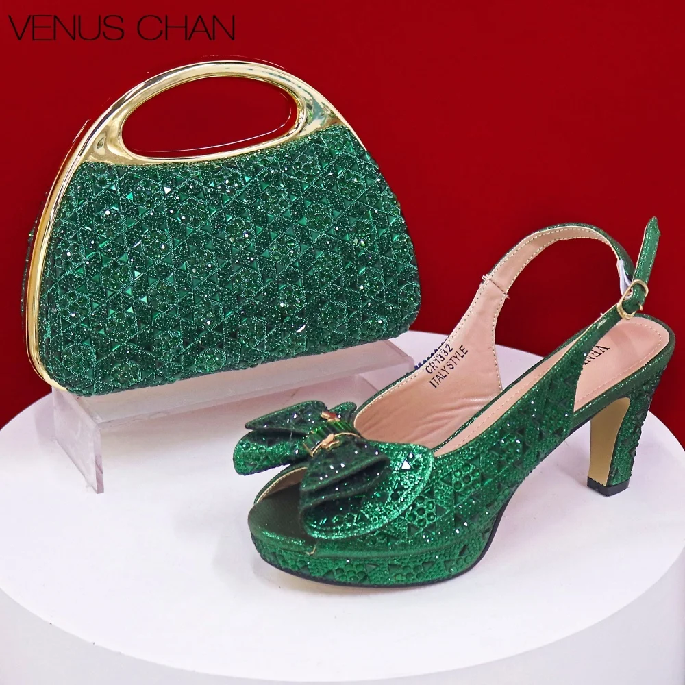 

Новейший комплект обуви и сумки в стиле INS: темно-зеленые туфли на высоком каблуке с стразами, популярный дизайн для африканских женщин, популярный в Нигерии.