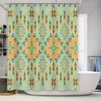 Modern Bohemian Geometric Bathroom Shower Curtain Set in Green Orange Decorative Fabric Waterproof Bath Mat 70x180cm (4 Pieces