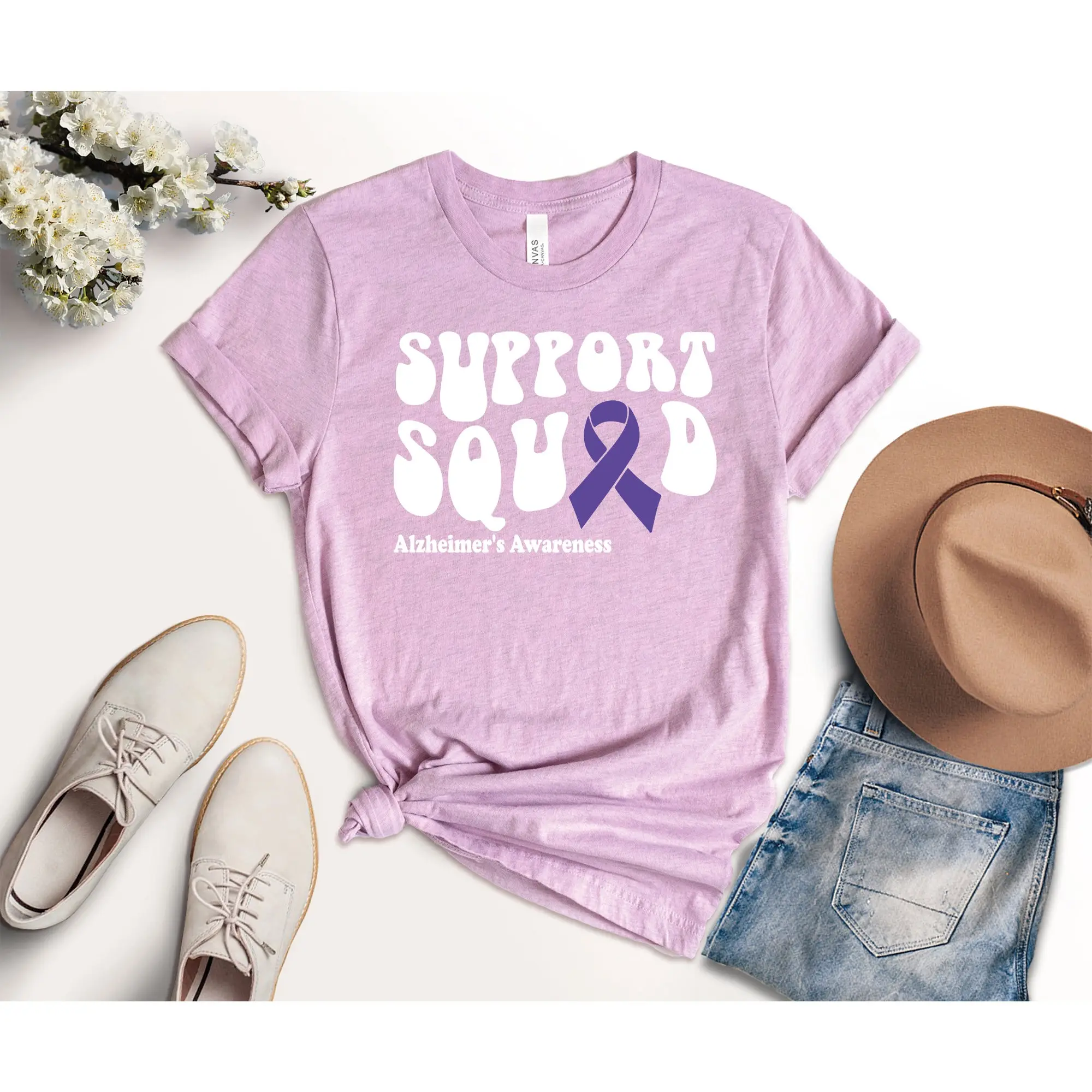 Support Squad Alzheimer'S Awareness T Shirt Alzheimers Month Purple Ribbon Dementia