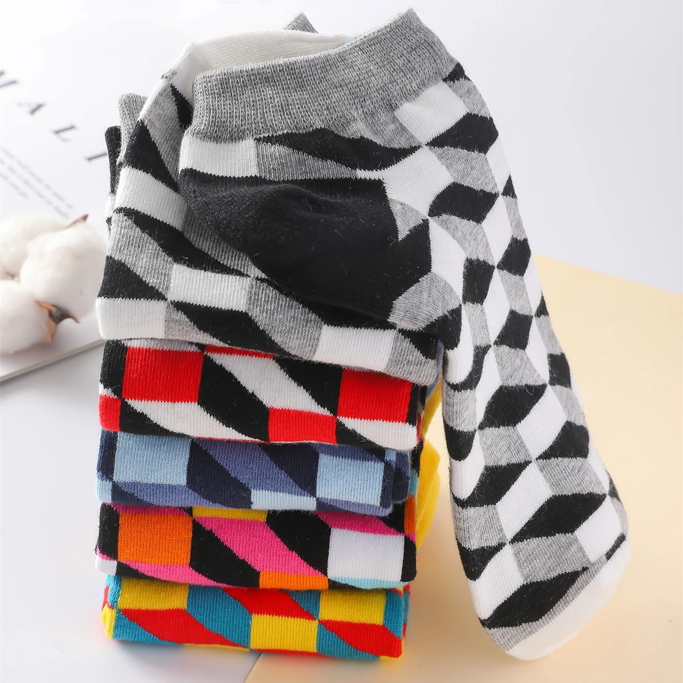 5 Pairs/Pack Men Spring Summer Thin Breathable Cotton Ankle Socks Geometry Pattern Fashion Casual Short Socks