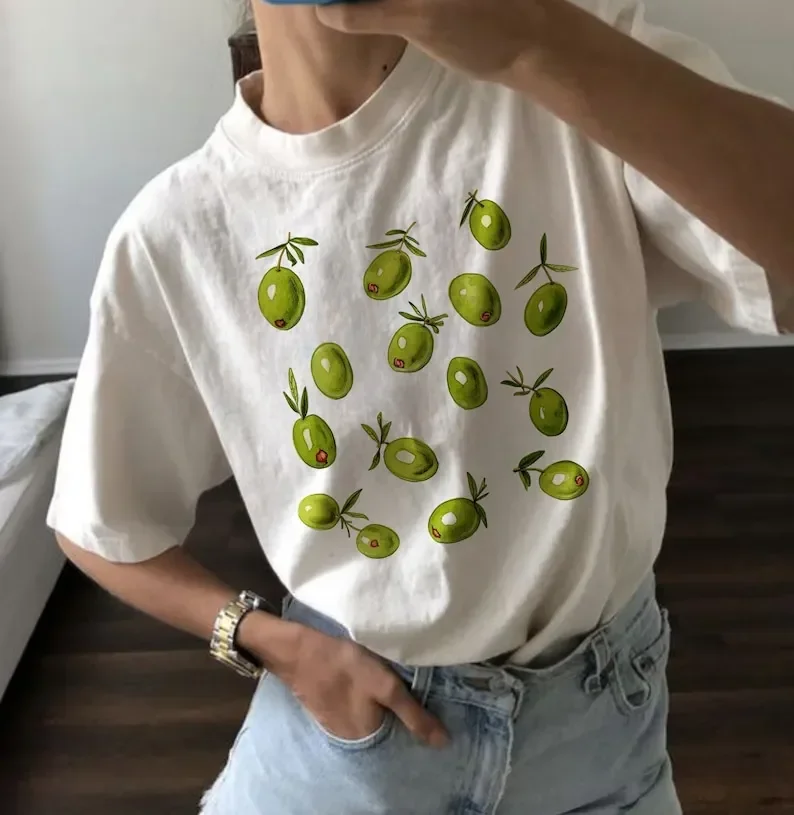 

European and American Ins Croissant Graphic T-shirts Funny Women Cotton Y2k Streetwear Summer Casual Creative T-shirts Tops