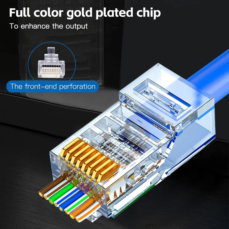 50pcs RJ45 Cat6 Connector Gold Plated Pass Through Ethernet Cables Unmodule Plug Network RJ-45 Crystal Heads