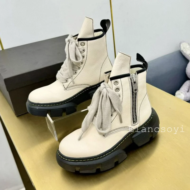 รองเท้าหนังแท้มีเชือกผูก sepatu BOOT pendek สำหรับผู้หญิงพื้นหนากันลื่นมีซิปรองเท้าบูทขับขี่อเนกประสงค์แบบลำลองฤดูใบไม้ผลิฤดูใบไม้ร่วง