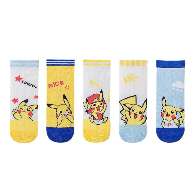 Meia de Algodão Pikachu Mid-calf infantil, meia de desenho Kawaii para meninos e meninas, novo, outono, inverno, 5 pares