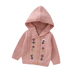 Sweet Fresh Floral Print Hooded Knitted Acrylic Long Sleeve Newborn Baby Girls Coat Soft Infant Sweater Overcoat Cardigan