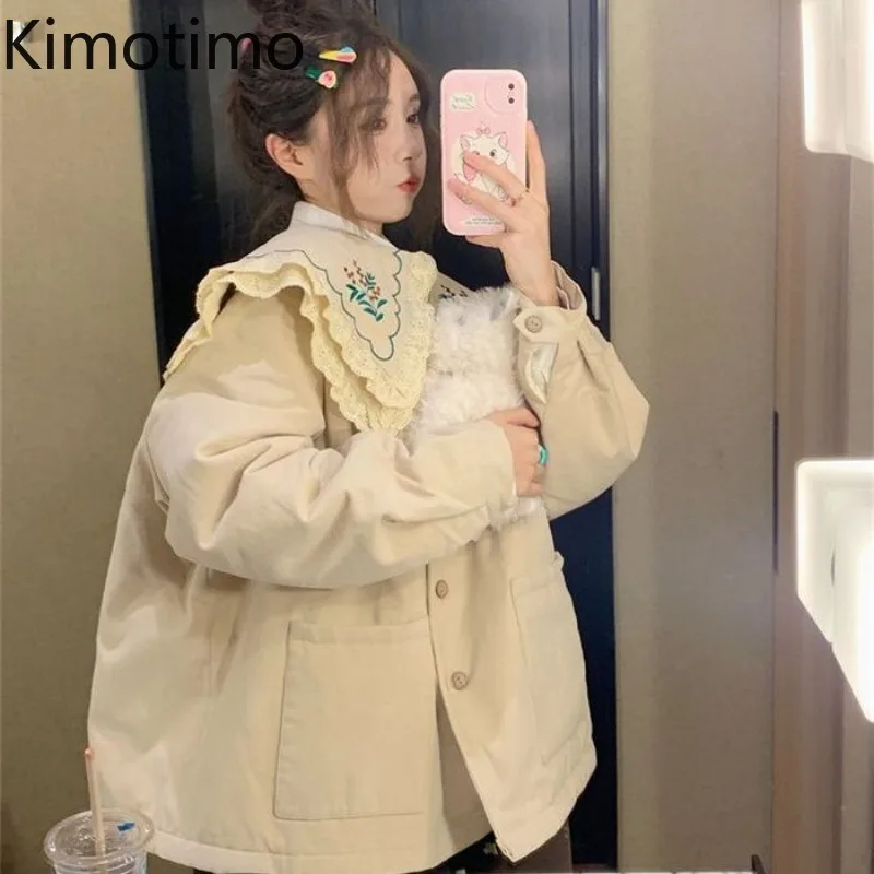 Kimotimo Peter Pan Collar Lace Embroidery Quilted Coats Women Autumn Winter Sweet Loose Thick Pockets Jacket Japanese Kawaii Top