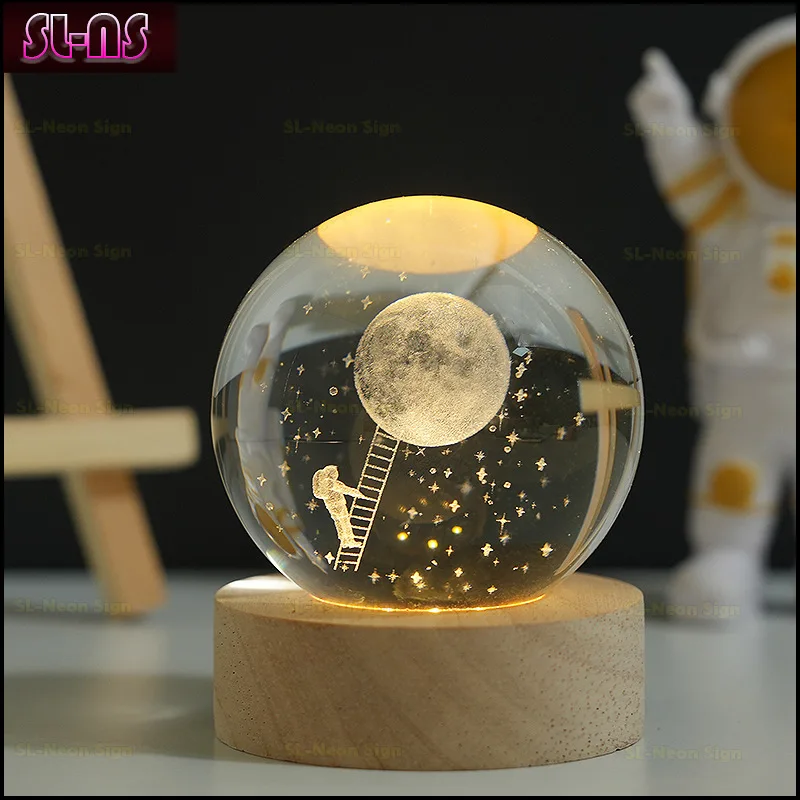 LED Night Light Glowing Solar System Crystal Ball Desktop Small Night Light Decoration Starry Sky Glass Ball Birthday Gift