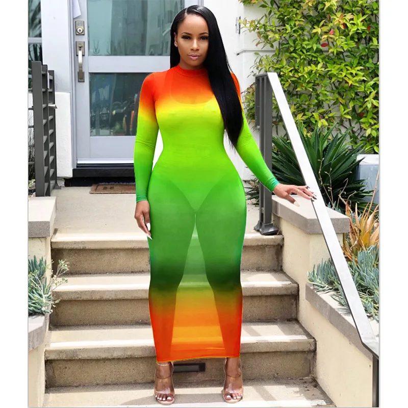 Robe transparente à imprimé arc-en-ciel pour femmes, document nickel é, manches longues, col rond, robes de club sexy pour dames maigres