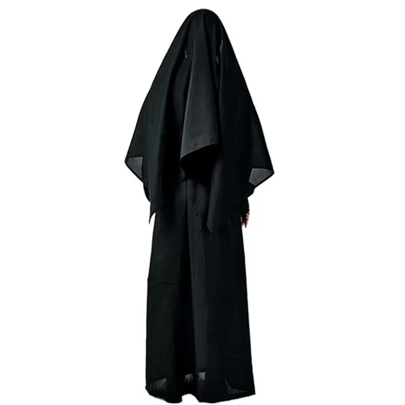 Películas de terror, monja de Halloween, disfraz Sexy de fantasma cruzado, conjunto de 4 piezas con capa, cinturón, collar, vestido largo