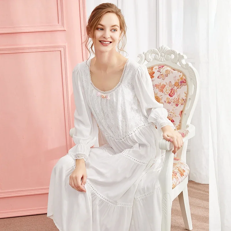 Romantic Cotton Nightgowns Women Autumn Long Sleeve White Pink Sweet Lace Loose Night Dress Victorian Vintage Princess Sleepwear