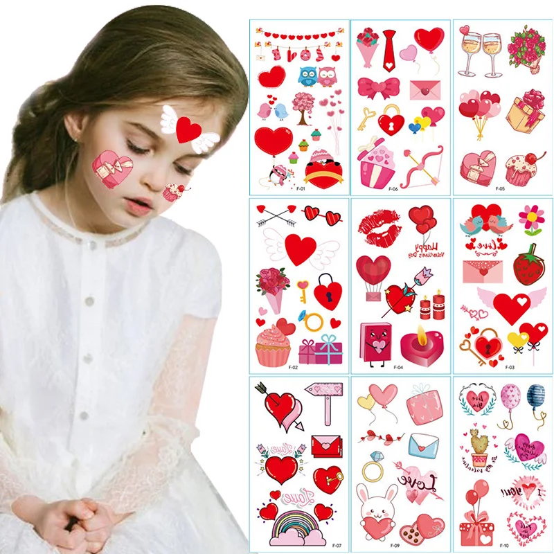 10Sheets Adult Kids Valentines Day Temporary Tattoo Red Heart Rose Flower Tattoo Stickers Women Valentines Decoration Supplies