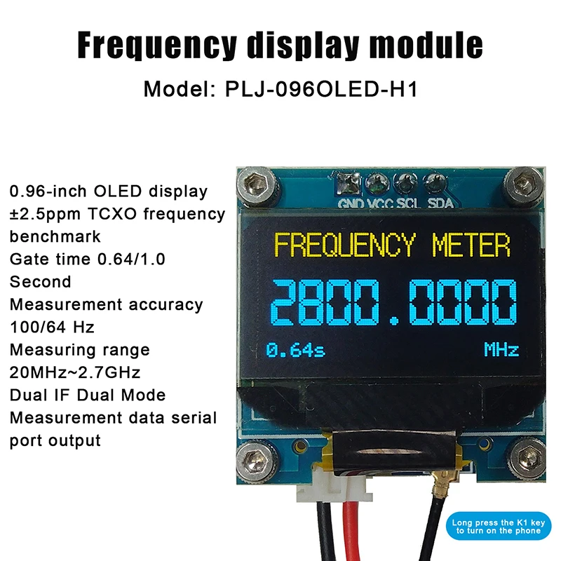 

PLJ-096OLED-H1 Frequency Counter 20MHz-2.7GHz, 0.96in OLED Display With ±2.5ppm TCXO For RF Signal Measurement