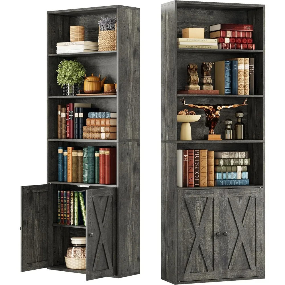 

Industrial Bookshelves and Bookcases with Doors Set of 2 Floor Standing 6 Shelf Display Storage Shelves 70 in Tall Bookcase