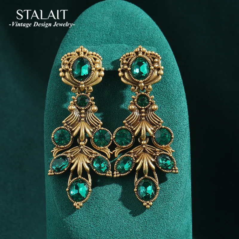 

Vintage Antique Gold Color Green Glazed Leaf Earrings for Women Luxury Drop Big Exaggerated Large Designer Jewelry New Arrival