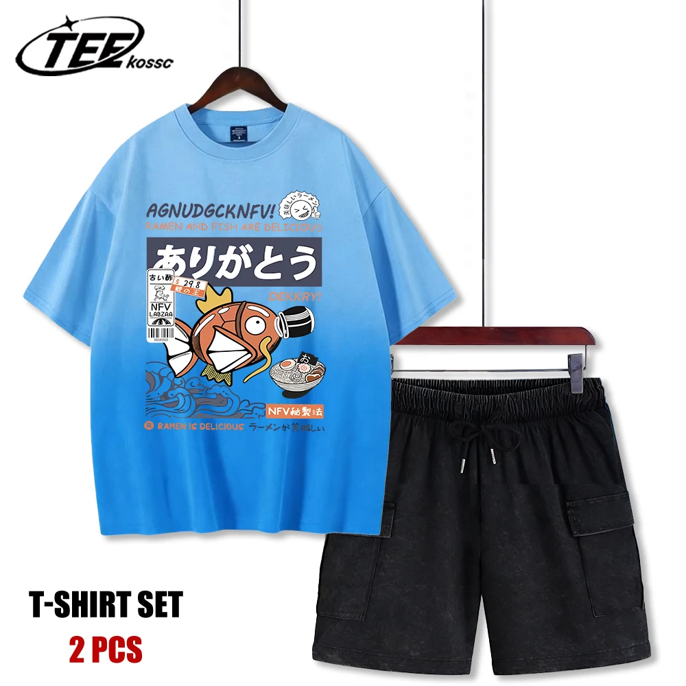 

Модный повседневный комплект: футболка с принтом «Вкусная рыба и лапша ламиан» и дышащие шорты из хлопка свободного кроя